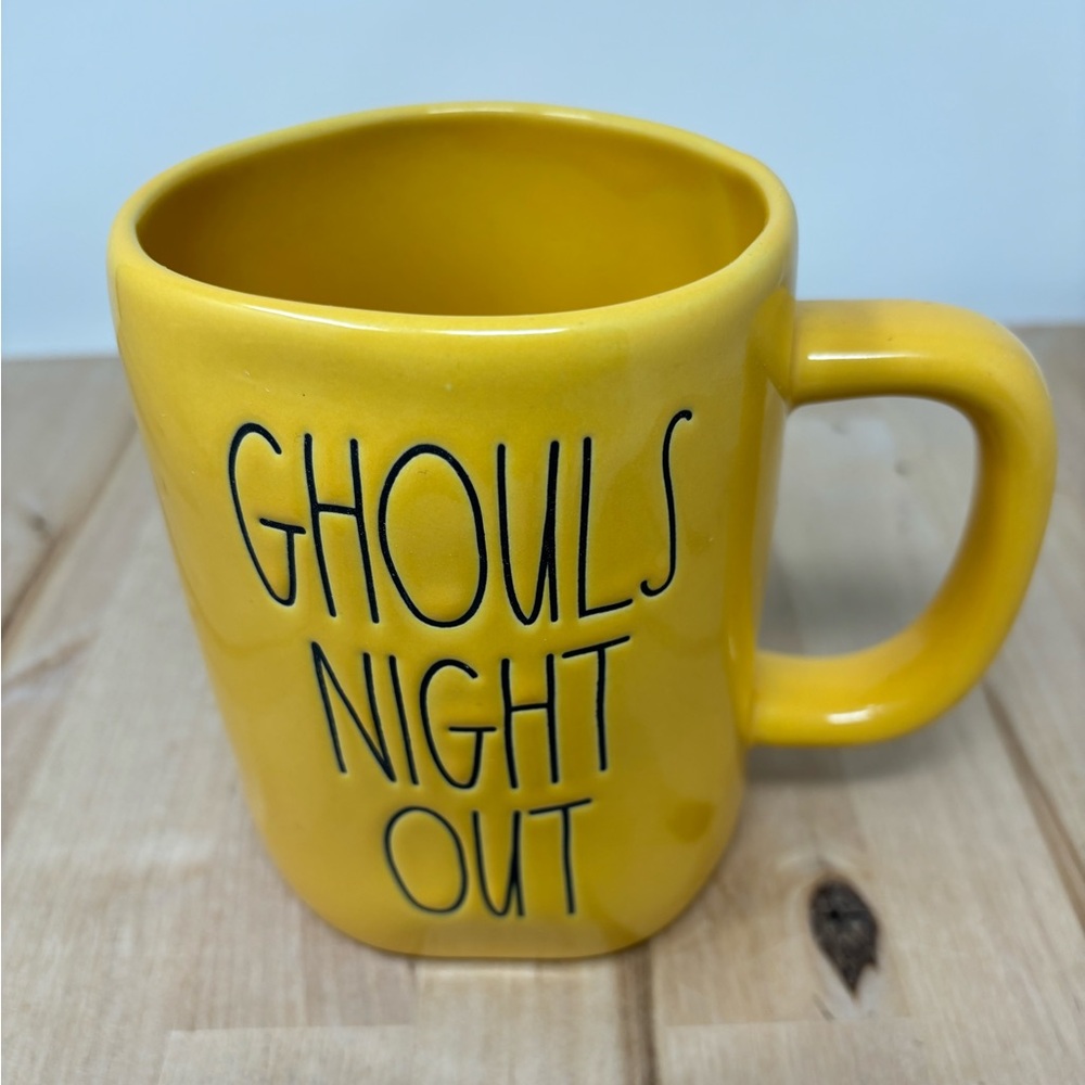Rae Dunn GHOULS NIGHT OUT Mug Yellow Ceramic with Black Lettering New